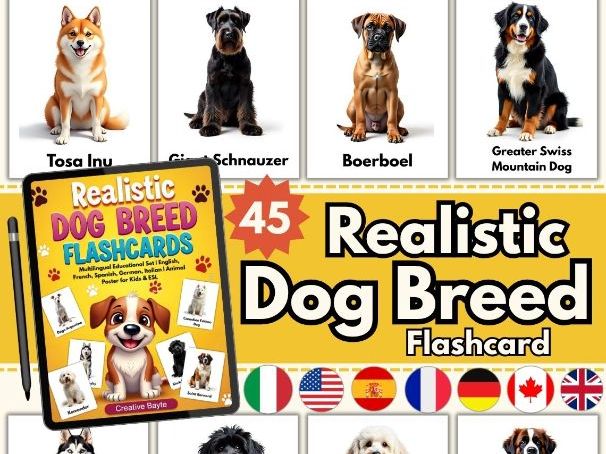 Realistic Dog Breed Flashcards | Multilingual Educational Set | for Kids & ESL