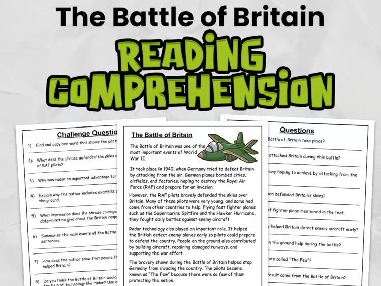 Battle of Britain WW2 Reading Comprehension for Gr 3 - 5: No Prep
