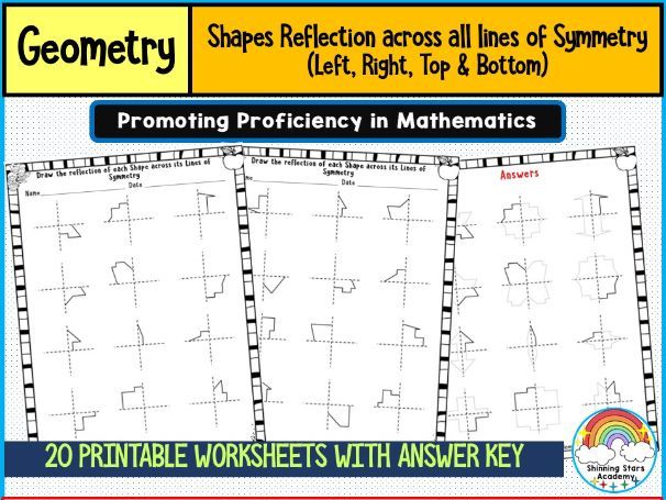 Shapes Reflection Across All the Lines of Symmetry (Left, Right, Top & Bottom) Worksheets | Geometry