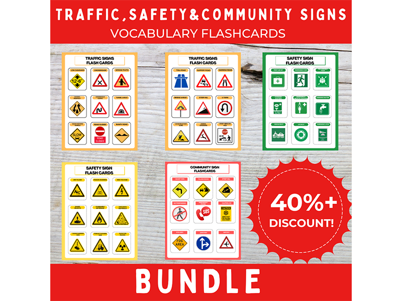 Traffic Signs, Safety Signs & Community Signs, Survival Sign Flashcards Bundle