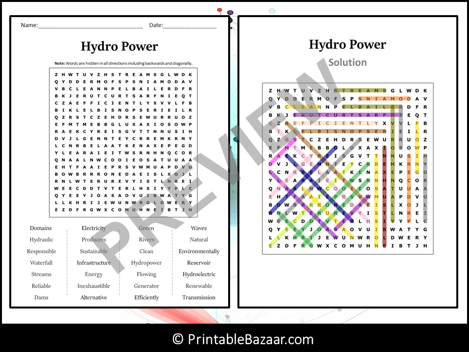 Hydro Power Word Search Puzzle Worksheet Activity Teaching Resources