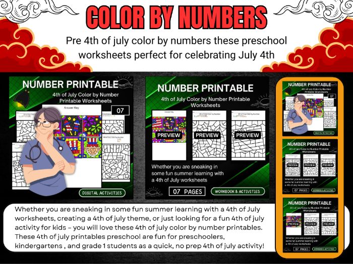 4th of July Color by Number Printable Worksheets activities for kids end of year