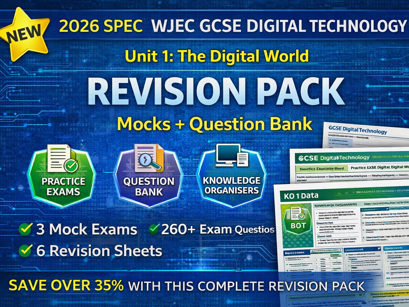 WJEC GCSE Digital Technology Unit 1 REVISION PACK | Mocks, Question Bank & Knowledge Organisers