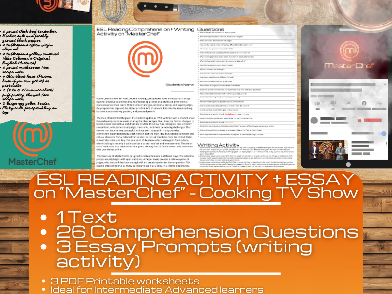 ESL Reading Comprehension + Writing Activity - MasterChef - Cooking TV Show
