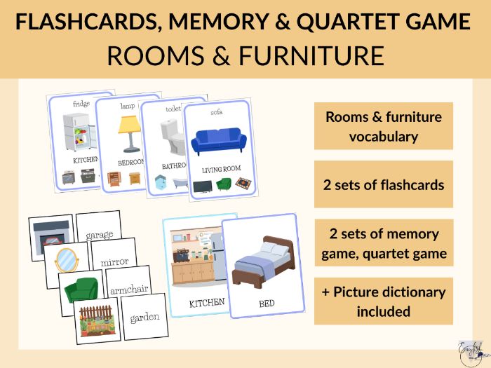 Rooms & Furniture flashcards, memory & quartet game - printable PDF