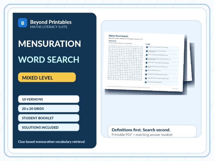 Mensuration Maths Word Search | 10 Printable Vocabulary Puzzles with Solutions