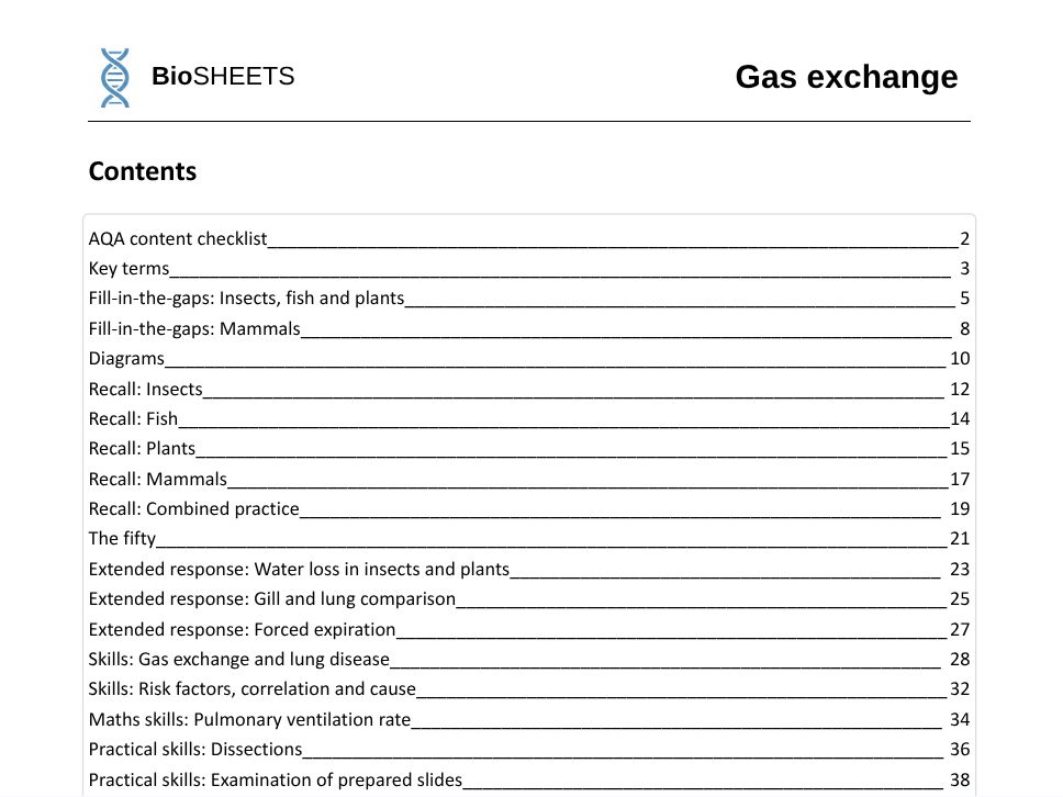 AQA A-Level Biology: 3.2 Gas exchange – BioSHEETS Complete Study & Practice Pack