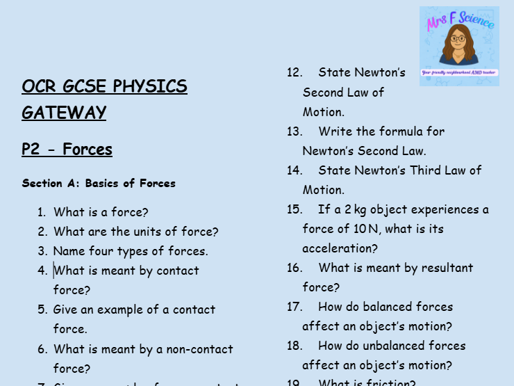 OCR GCSE Physics P2 Retrieval Practice: Low-Stakes Questions on Forces, Motion, and Pressure