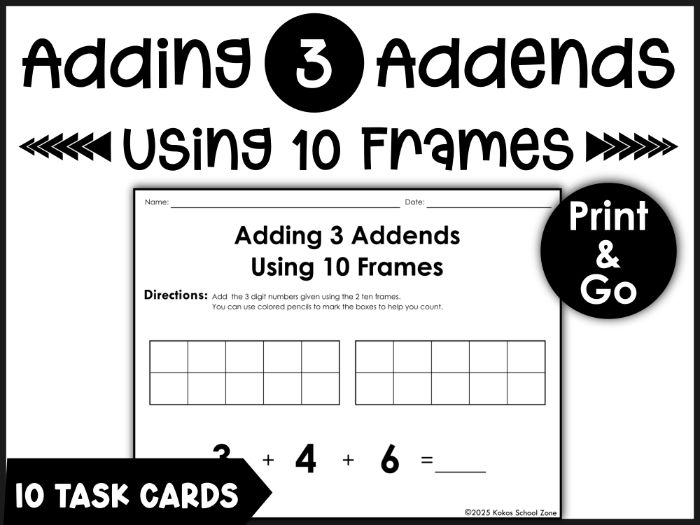 Addition within 20: Adding 3 Addends Using 10 Frames Task Cards