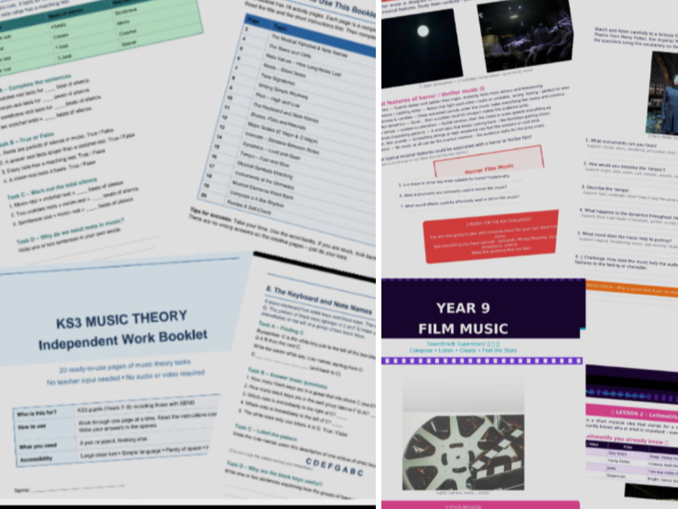 KS3 Music Theory Independent Work Booklet – 20 Pages (SEND Accessible, No Teacher Input) And Year 9 Film Music full 12 page booklet