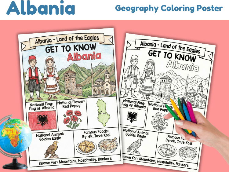 Albania Geography Coloring Poster | Country Facts Worksheet