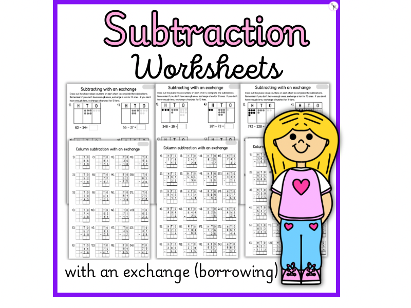 Subtraction with exchanging practice worksheets for second grade math