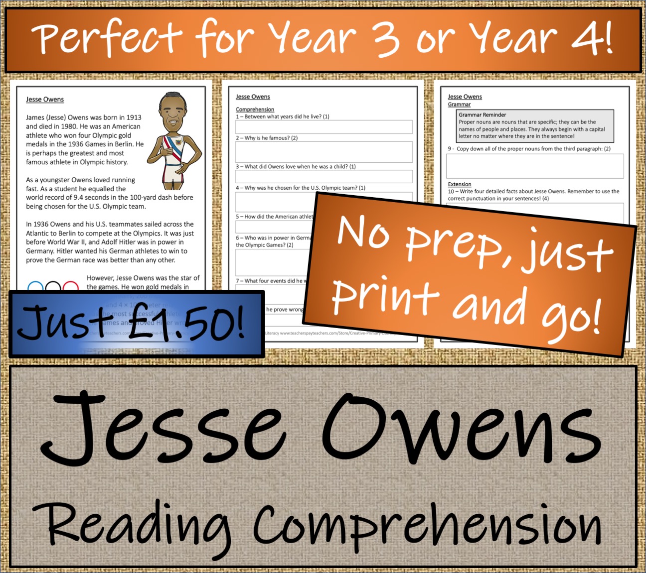 LKS2 History Jesse Owens Reading Comprehension Activity Teaching