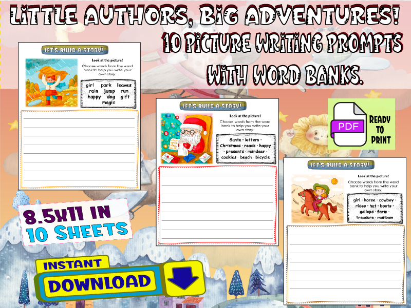 Little Authors, Big Adventures! | 10 Picture Writing Prompts with Word Banks.