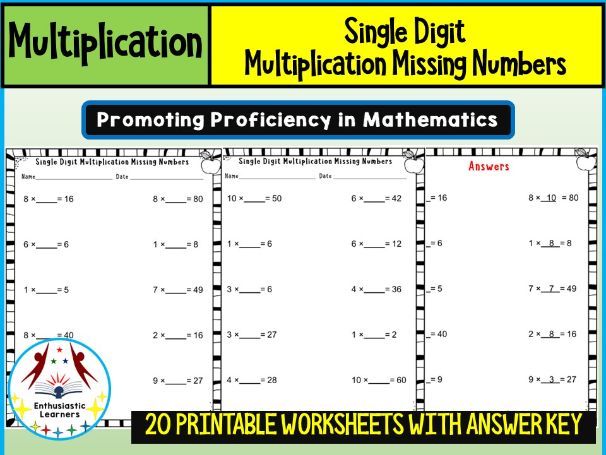Single Digit Multiplication Missing Numbers (1–9) Worksheets Math Problems