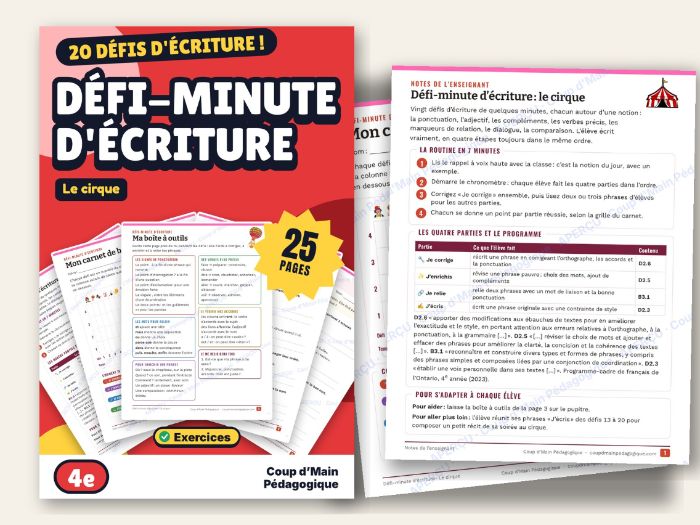 French Sentence Writing Warm-Ups Grade 4 Circus | Défi-minute d'écriture