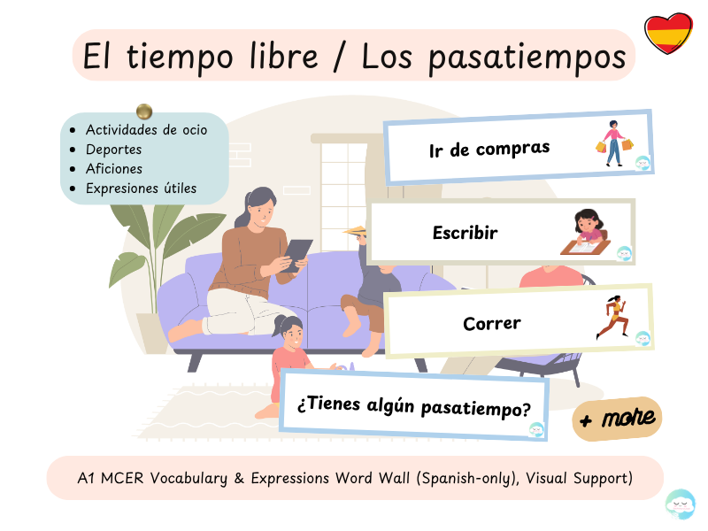 El tiempo libre / Los pasatiempos – A1 MCER Vocabulary & Expressions Word Wall (Spanish-only, Visual