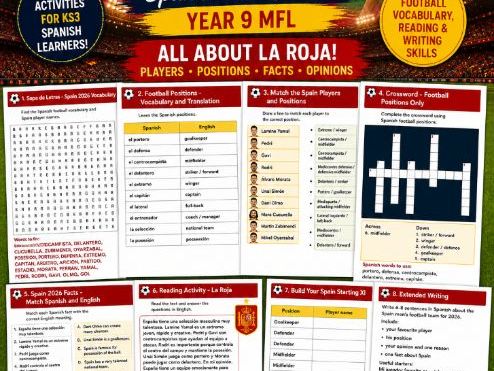 Spain National Team 2026 Spanish Worksheets | KS3 Y9 | Colour & BW