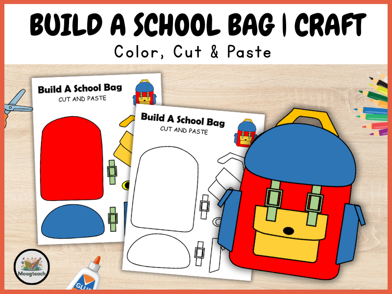 School Bag Craft Printable | Back to School Cut and Paste Activity | Preschool Coloring Worksheet PD
