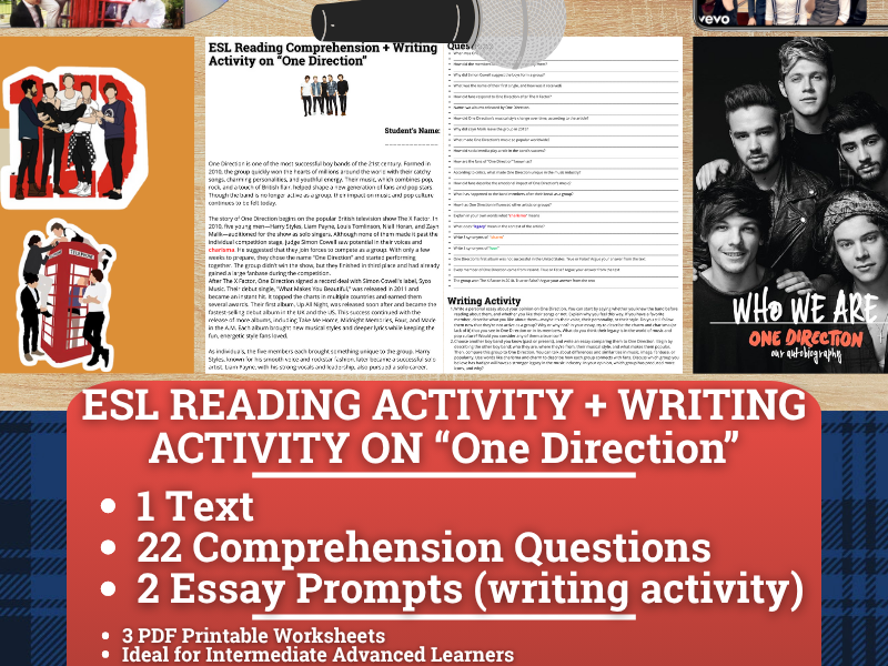 ESL Reading Comprehension + Writing Activity Worksheets - One Direction