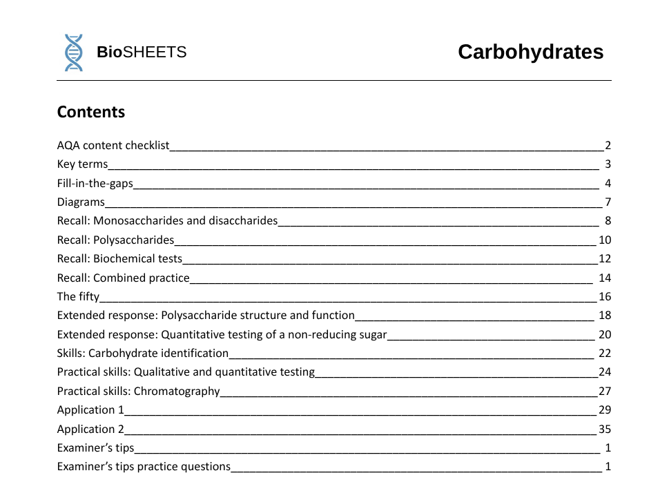 AQA A-Level Biology: 1.2 Carbohydrates –  BioSHEETS Complete Study & Practice Pack