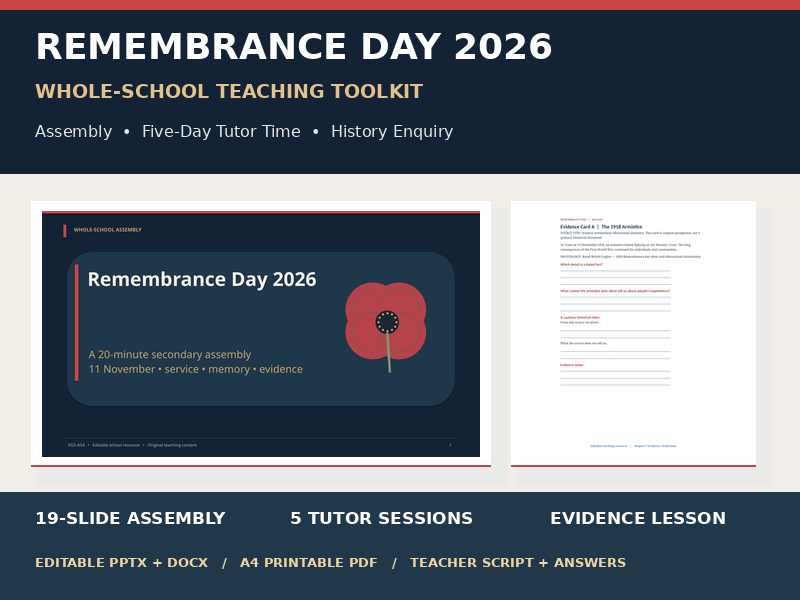 Remembrance Day 2026 | KS3 KS4 Whole-School Assembly + Tutor Time Week + History Enquiry