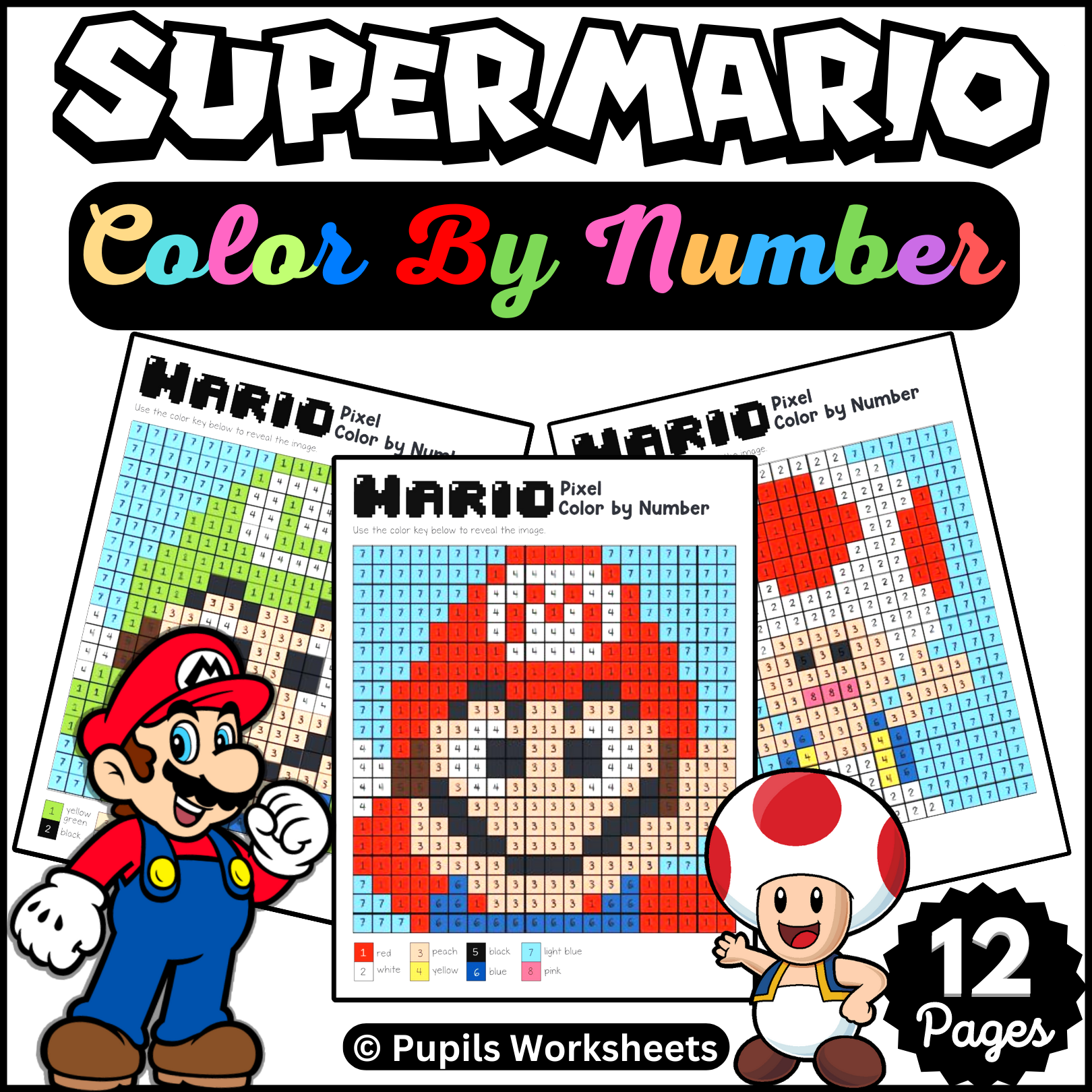 Super Mario Printable Pixel Color by Number - Math Color by Number ...