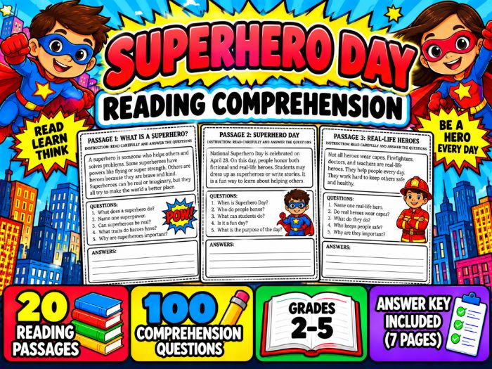 Superhero Day Reading Comprehension | 20 Passages with Answer Key