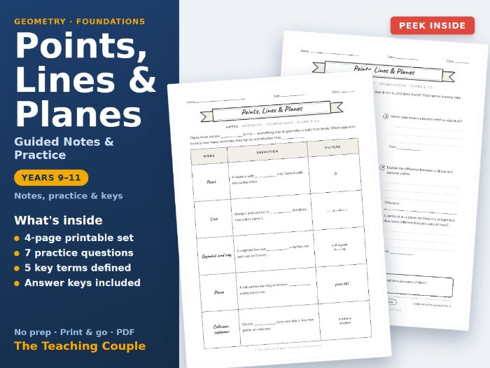 Points, Lines & Planes Sketch Notes + Answer Keys | Years 9-11