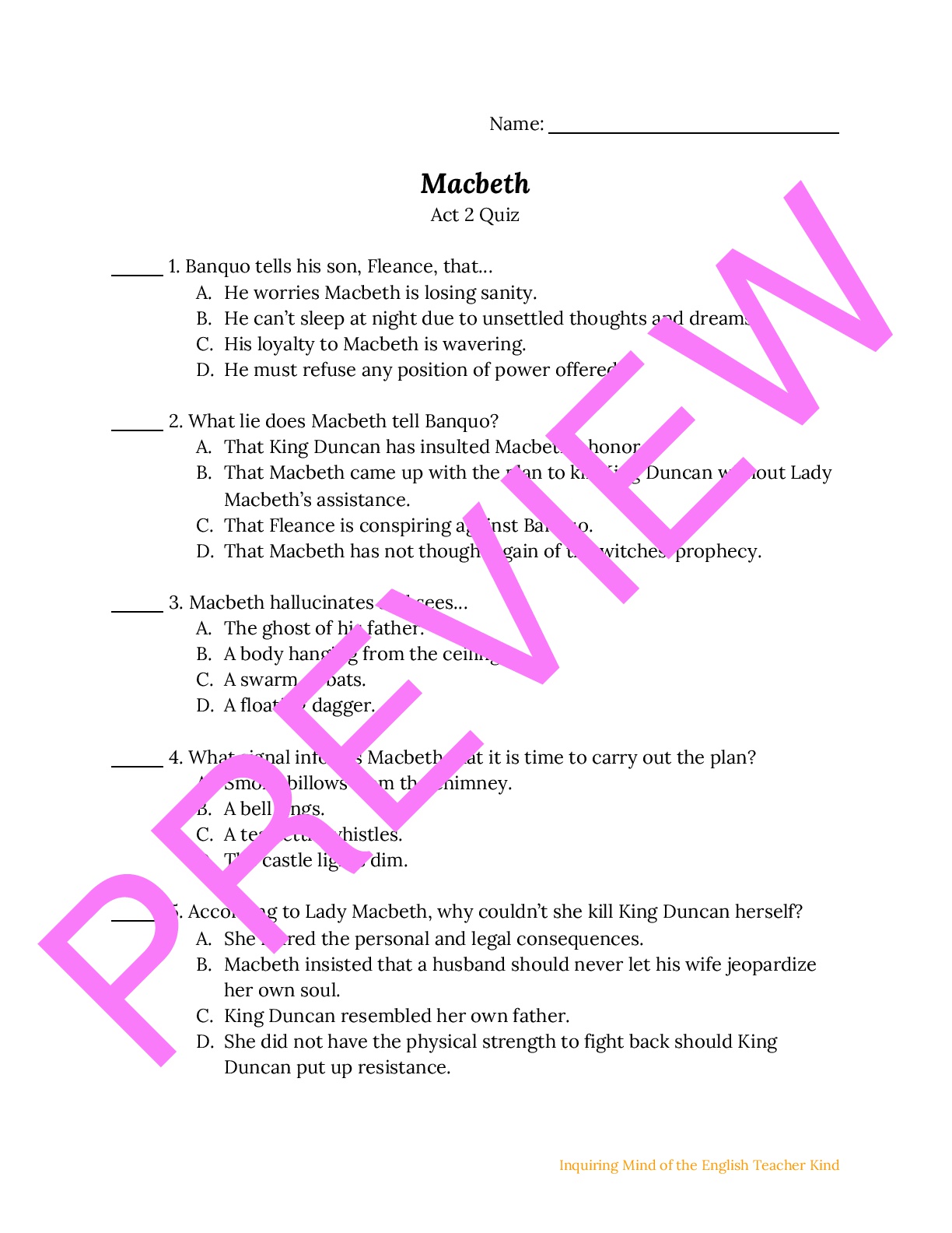 Shakespeare�s Macbeth Act 2 Reading Comprehension Quiz and Key