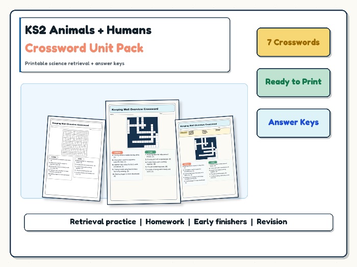 KS2 Animals Including Humans Crossword Unit Pack | Science Vocabulary + Answers