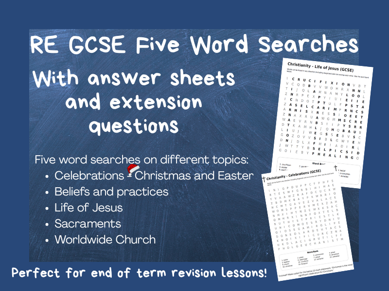 RE GCSE Christianity - Five word searches with answers and extension questions