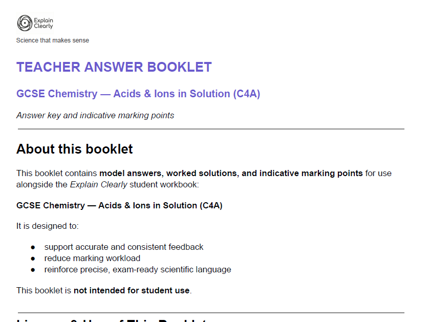 Explain Clearly: GCSE Chemistry — Acids & Ions in Solution (C4A) Teacher Answer Booklet