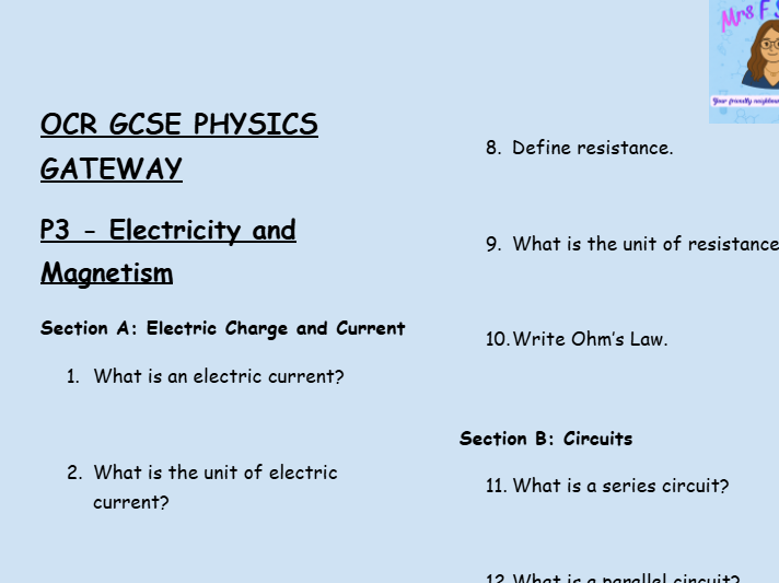 OCR GCSE Physics P3 Retrieval Practice:  Electricity, Circuits, and Magnetism pdf with answers