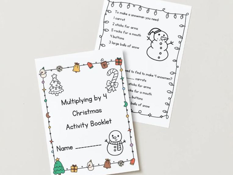Multiplying by 4 – Christmas Maths Activity Booklet (12 pages + colouring fun!)