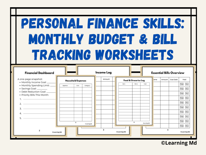 Personal Finance Skills: Monthly Budget & Bill Tracking Worksheets