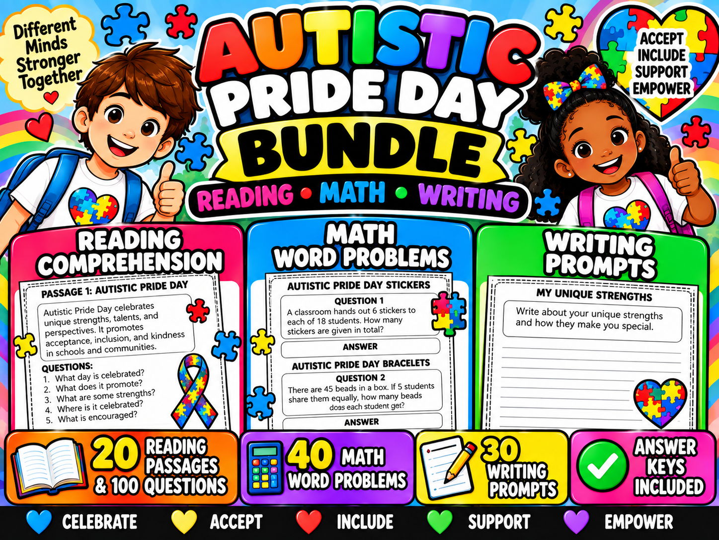 Autistic Pride Day Bundle | Reading Comprehension, Math Word Problems & Writing