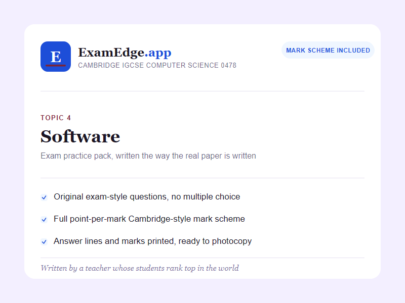 IGCSE Computer Science 0478: Software Exam Practice Pack + Full Mark Scheme