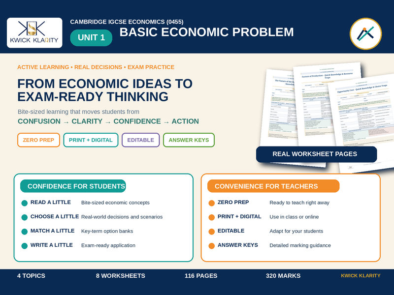 IGCSE Economics 0455 Unit 1: Basic Economic Problem | Printable, Digital & Editable Worksheets + Ans