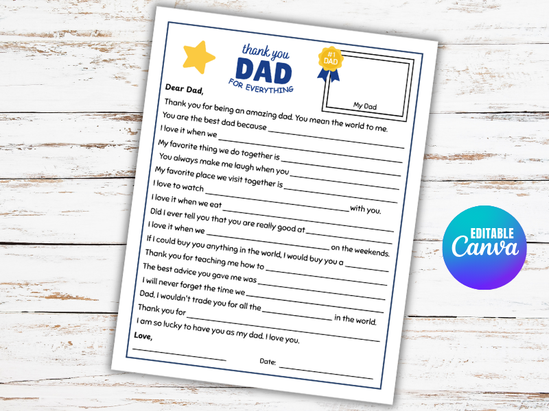 Father's Day Writing Letter Templates, Father's Day Questionnaire, All About My Dad, Dad Gift