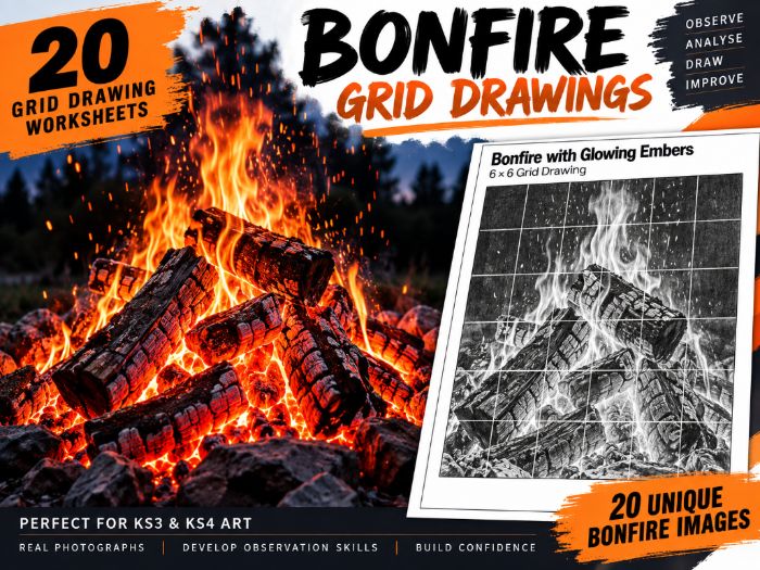 Bonfire Night Grid Drawing Worksheets | 20 Observational Drawing Activities | KS3 & KS4 Art