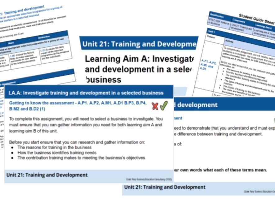 BTEC National in Business - Unit 21: Training and Development learning aim A resource bundle