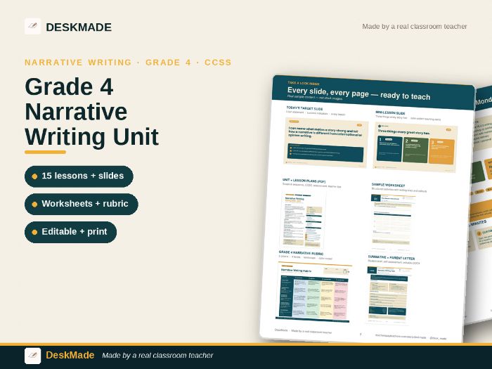 Grade 4 Narrative Writing Complete Unit | 15 Lessons + 140 Slides + Worksheets + Rubric