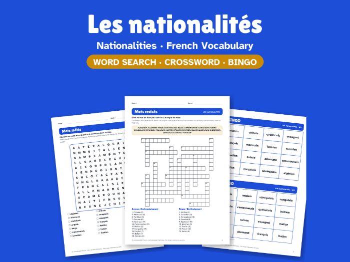 Nationalities in French: Word Search, Crossword & Bingo