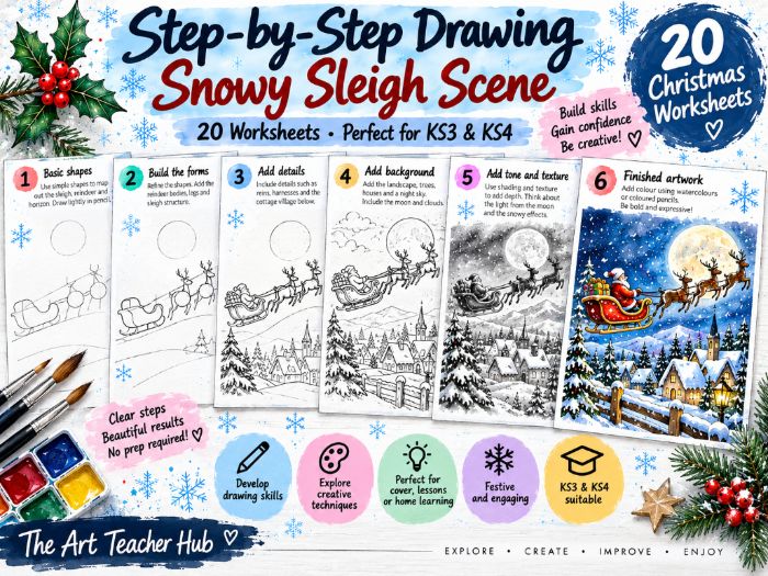 Christmas Step-by-Step Drawing Worksheets | 20 Festive Art Activities | KS3 & KS4 | No Prep