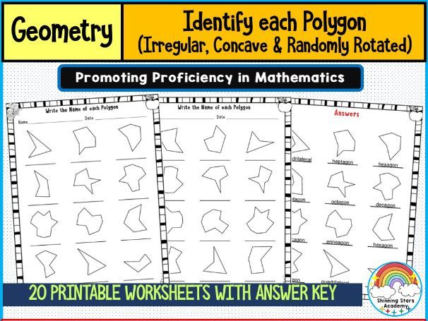 Identify Each Polygon (Irregular, Concave & Randomly Rotated) Worksheets | Geometry Shapes Recogniti