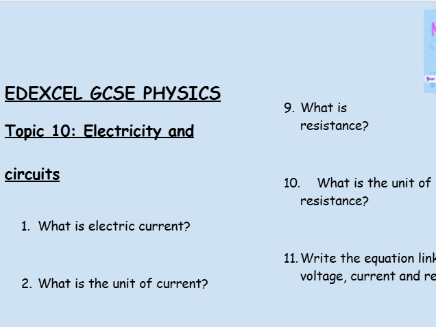 GCSE Edexcel Physics Topic 10: Electricity and Circuits Revision Worksheet