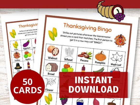 Thanksgiving Bingo Game, 50 Autumn Cards