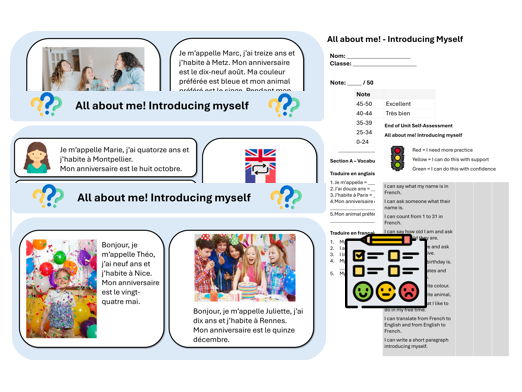 All About Me! Introducing myself (French) -Teaching & Assessment Package