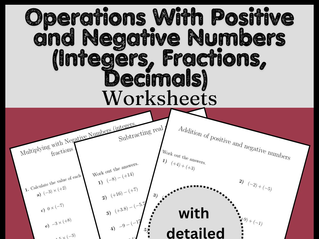 Operations With Positive and Negative Numbers (Integers, Fractions, Decimals) Worksheets